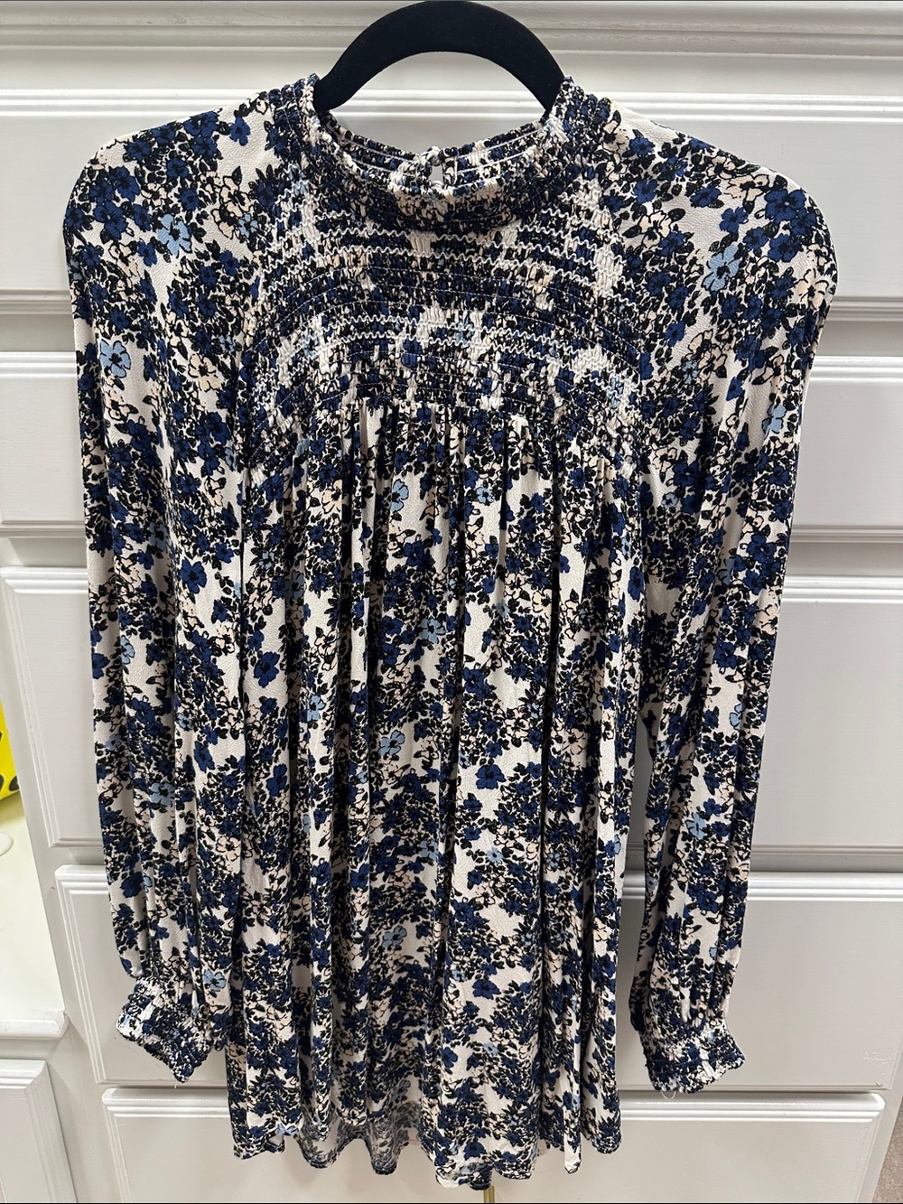 Free People Floral Smocked High-Neck Long Sleeve Blouse